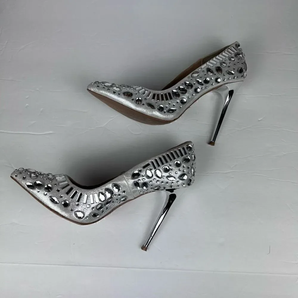 Charlotte Russe Elsa Heels Silver Studded Rhinestone Embellished 4.5 Heel Size 8